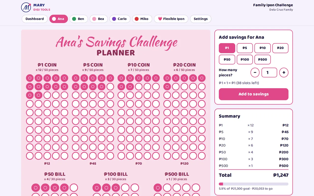 Coin and bill savings planner on a desktop computer