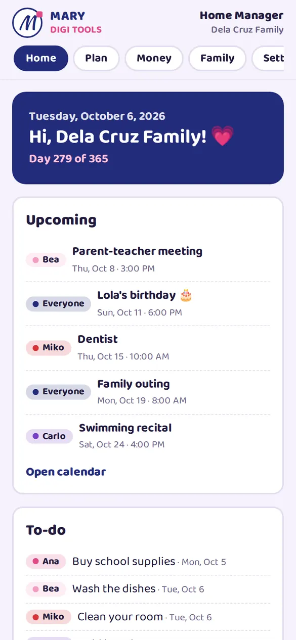 Home screen with upcoming events and to-dos