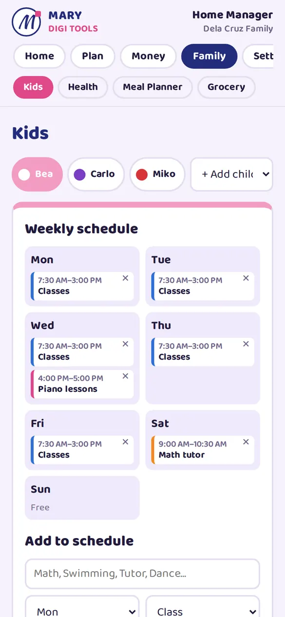 Kids' school schedule