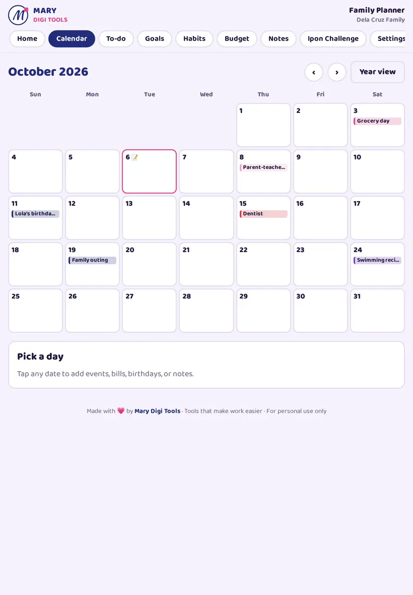 Family calendar on a tablet